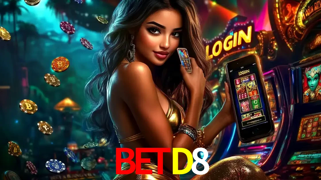 Mulher em um cenário de cassino temático de aventura, mostrando o app de caça-níqueis da BETD8 no celular. Fichas de apostas flutuam ao redor.