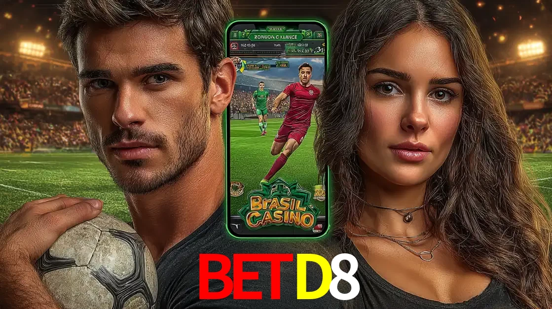 Homem segurando uma bola de futebol e uma mulher ao lado de um smartphone exibindo o jogo de apostas esportivas da BETD8. Faça seu palpite no cassino online.